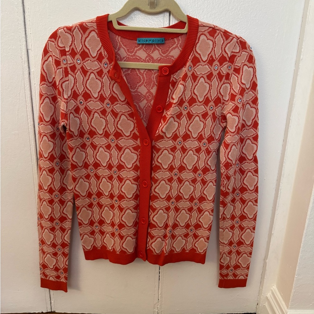 Alice + Olivia Vintage Orange and Cream Patterned Cardigan with blue beads.